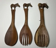 Set of 4 Rare Zebra Wooden Serving Forks & Spoons
