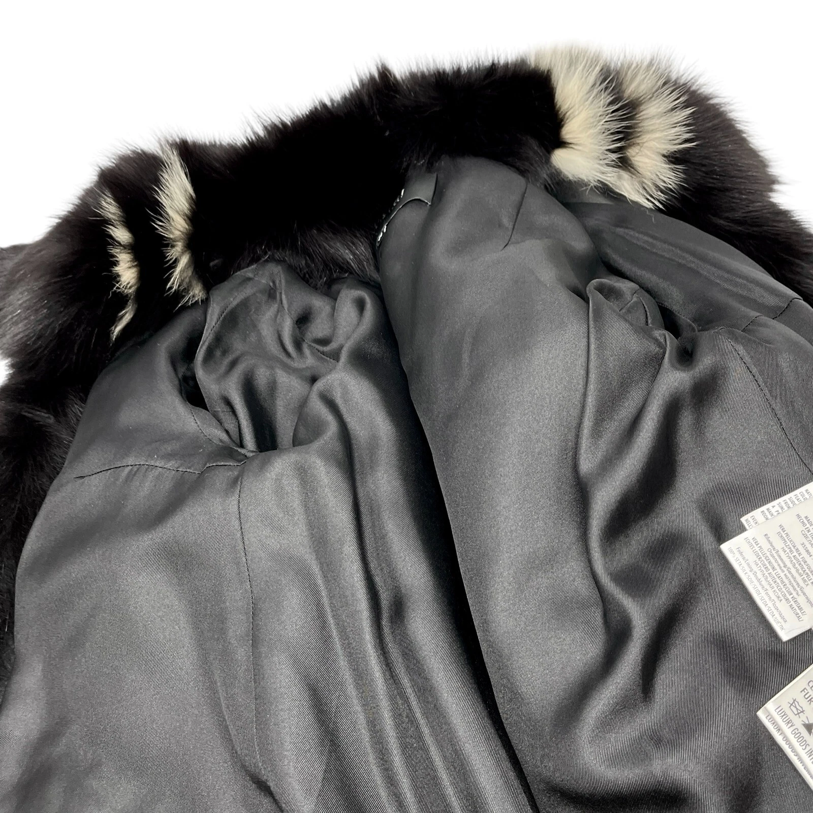 GUCCI Giacca Pelliccia di Volpe Vintage Logo #36 Cappotto Gancio Nero Bianco Pelle Seta