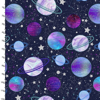 3 Wishes Fabric | Starlight Glitter Space Planet Stars Black | Yard