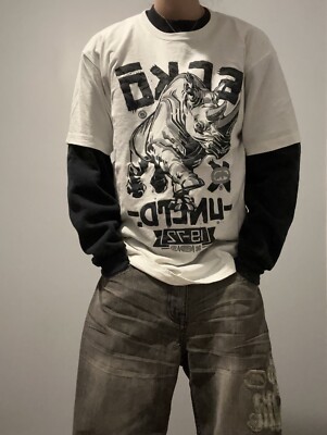 Y2K Ecko Untld. White Grunge Skater Rhino Black Ink Graffiti Tee Large Men s