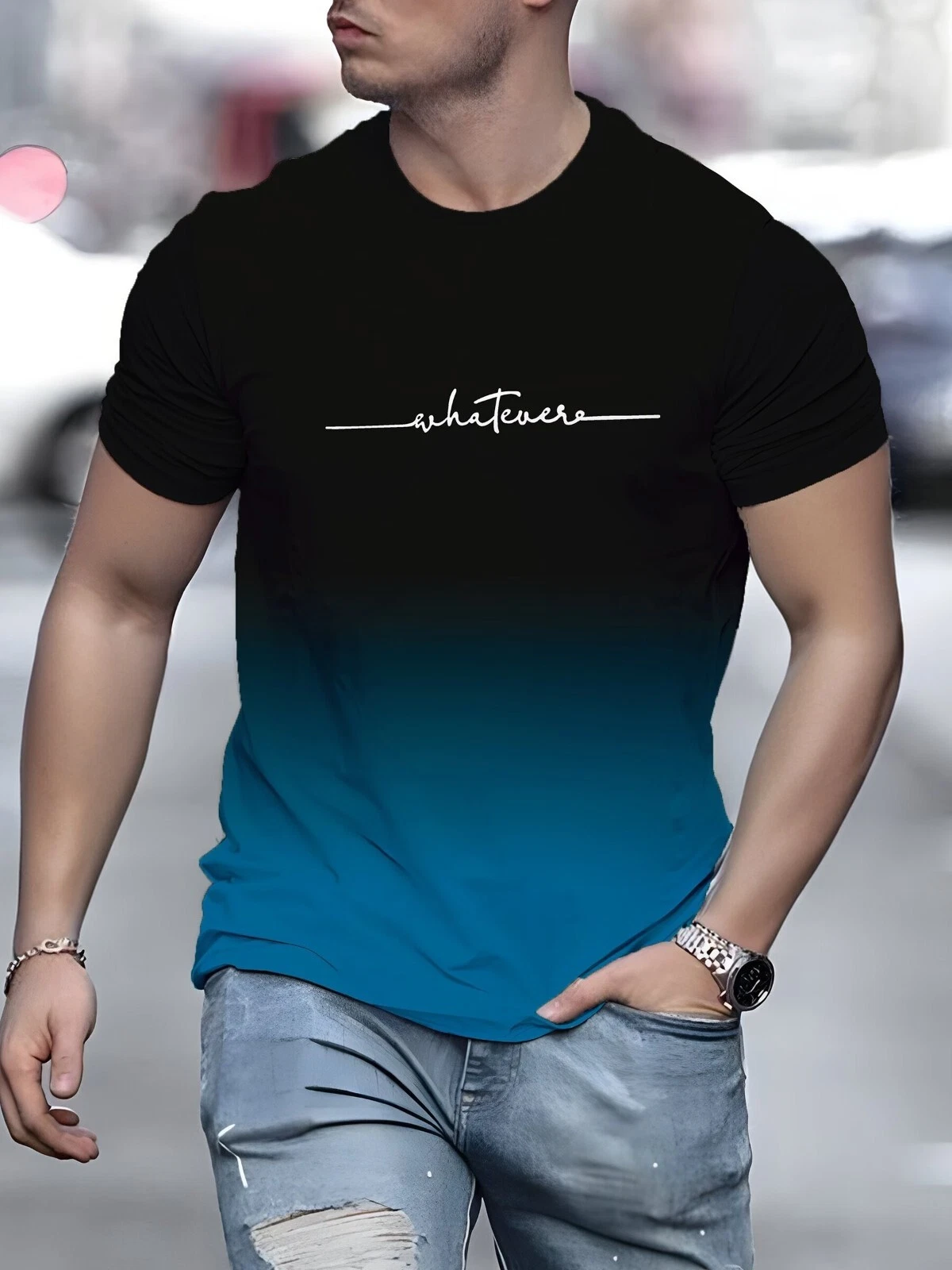 Gradient Print Crew Neck T-Shirt Men Soft Slight Stretch Polyester Fabric Short - Picture 1 of 3