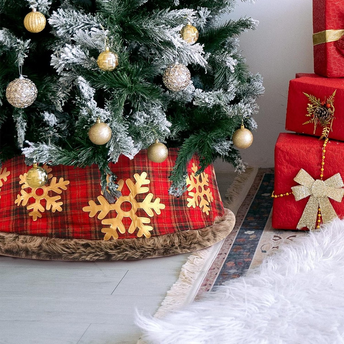 LEAFWHIS Red Buffalo Plaid Christmas Tree Skirt - 48 Inch Diameter, Merry Christmas Snowflake Design, Soft Polyester Holiday Decor - View #9