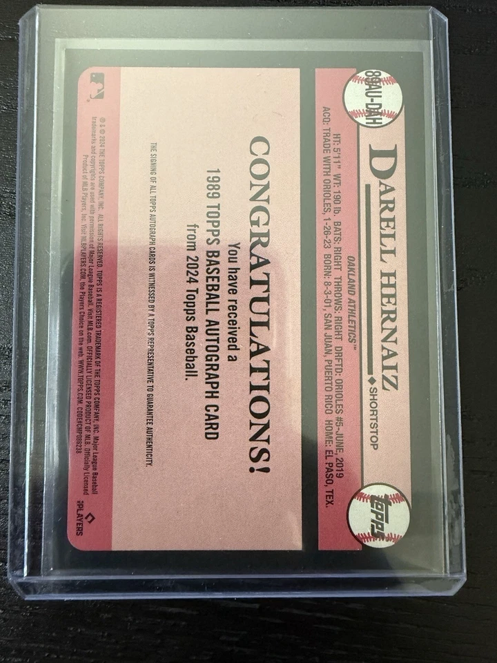 2024 Topps Update #89AU-DAH Darell Hernaiz RC 1989 Topps On-Card Auto As Rookie - Image 2 of 4