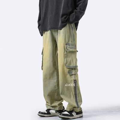 Men Pocket Denim Pants Cargo Trousers Casual Loose Straight Jeans