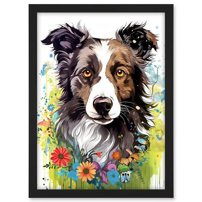 Border Collie Dog Bright Watercolour Floral Portrait Framed Wall Art Print A3