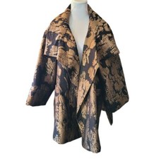 Marla Wynne Jacket Coat Black/gold Metallic Brown Open Front Jacquard Size-large