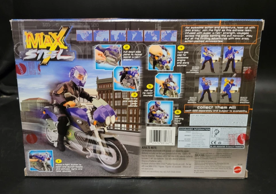 Max Steel MX9 N-Tek Фиолетовый Цикл Без Звука/Света Mattel 2000 Как новый в коробке Все еще Запечатанный - Изображение 2 из 4