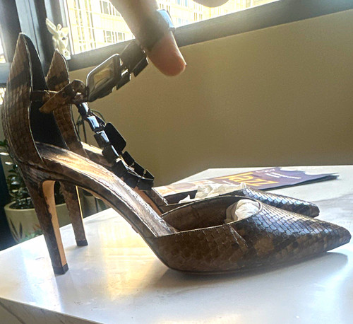 Giorgio Armani Brown/Black Leather Snake Print Ankle Strap Pumps Buckle 8.5B