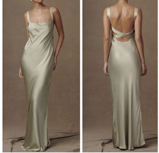 Meshki Women's M Square Neck Sage Green Slip Maxi Lined Dress Bias Bodycon EUC