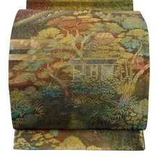 JAPANESE KIMONO BELT FUKURO OBI BROWN GREEN OTAIKO-GARA PURE SILK DD8714