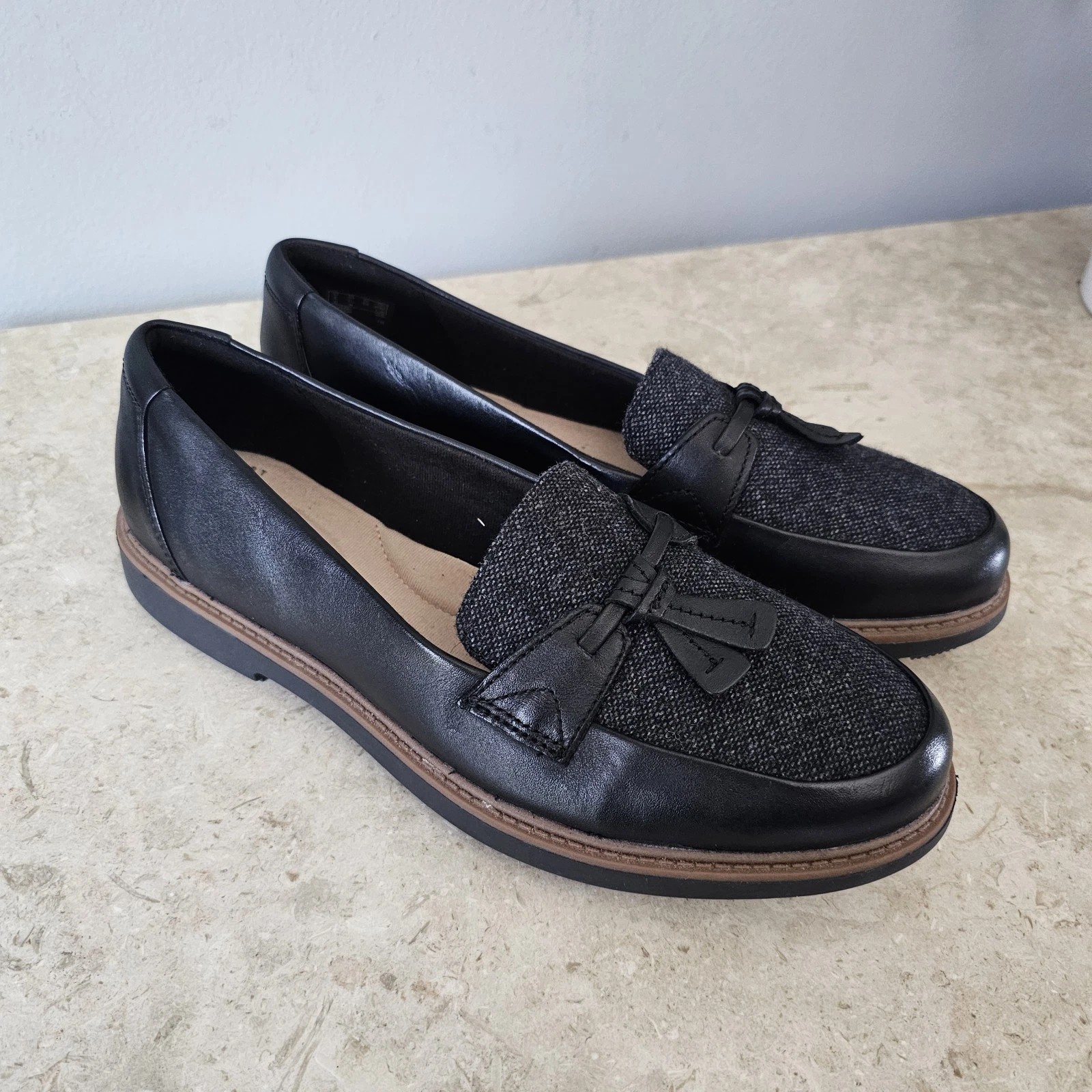 Scarpe Clarks Collection donna taglia 7 5M nero grigio pelle tweed mocassini nappa