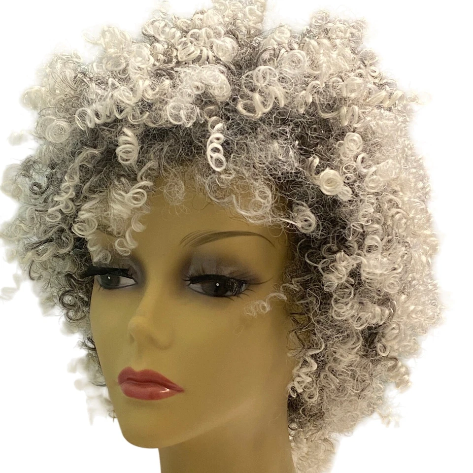 Peluca afro rizos espirales mezcla cabello humano negro plata blanco tamaño AVG NUEVA CON ETIQUETAS Foto 4 de 4