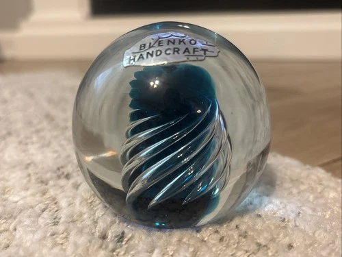 Vintage MCM Blenko Glass 68B Air Twist Paperweight In Turquoise W/label