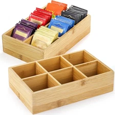 2 Pack Bamboo Tea Bag Organizers, Wood Tea Bag Storage for Drawers with 6 Roo...
