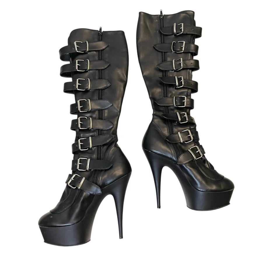 Pleaser Adore-2043 Punk Rock Buckle Heel Knee High Boots Dominatrix Size 9 - Image 2 of 4