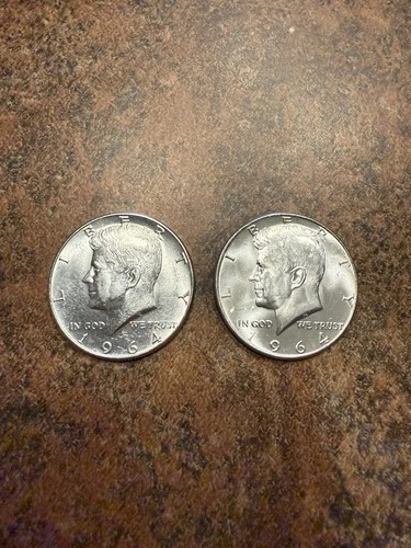 Lot of 2 – 1964 Kennedy AU Half Dollar Coins – 90% Silver - VERY NICE!