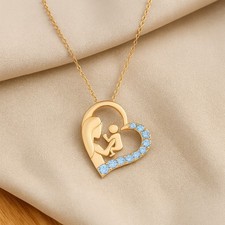 Natural Aquamarine Mother  Child Heart 14k Gold Pendant March Birthstone  1002