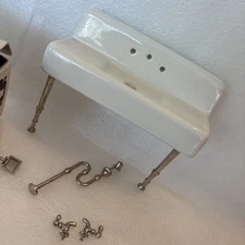 1970's White  Victorian Doll House Miniature Porcelain Kitchen Sink W Legs (a22