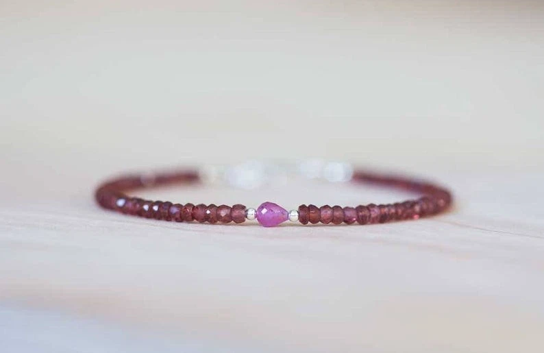 Zaffiro e Granato pietre preziose perline argento sterling 925 bracciale... - Immagine 3 di 4