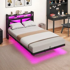 Twin/Full Size Metal Floating Bed Frame with Charging Station Storage Headboard