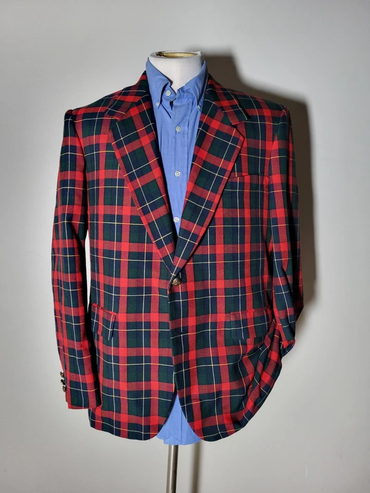 40R Vintage Red Green Blue Wool Pinpoint Tartan Plaid Blazer Jacket Sport Coat - Image 4 of 4