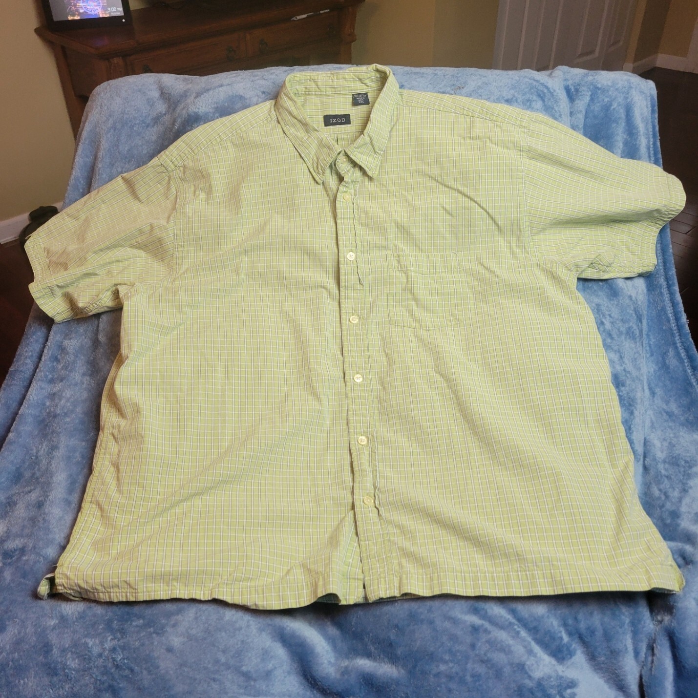 IZOD BUTTON DOWN SHIRT Green White Blue Plaid Short Sleeve Mens XXL