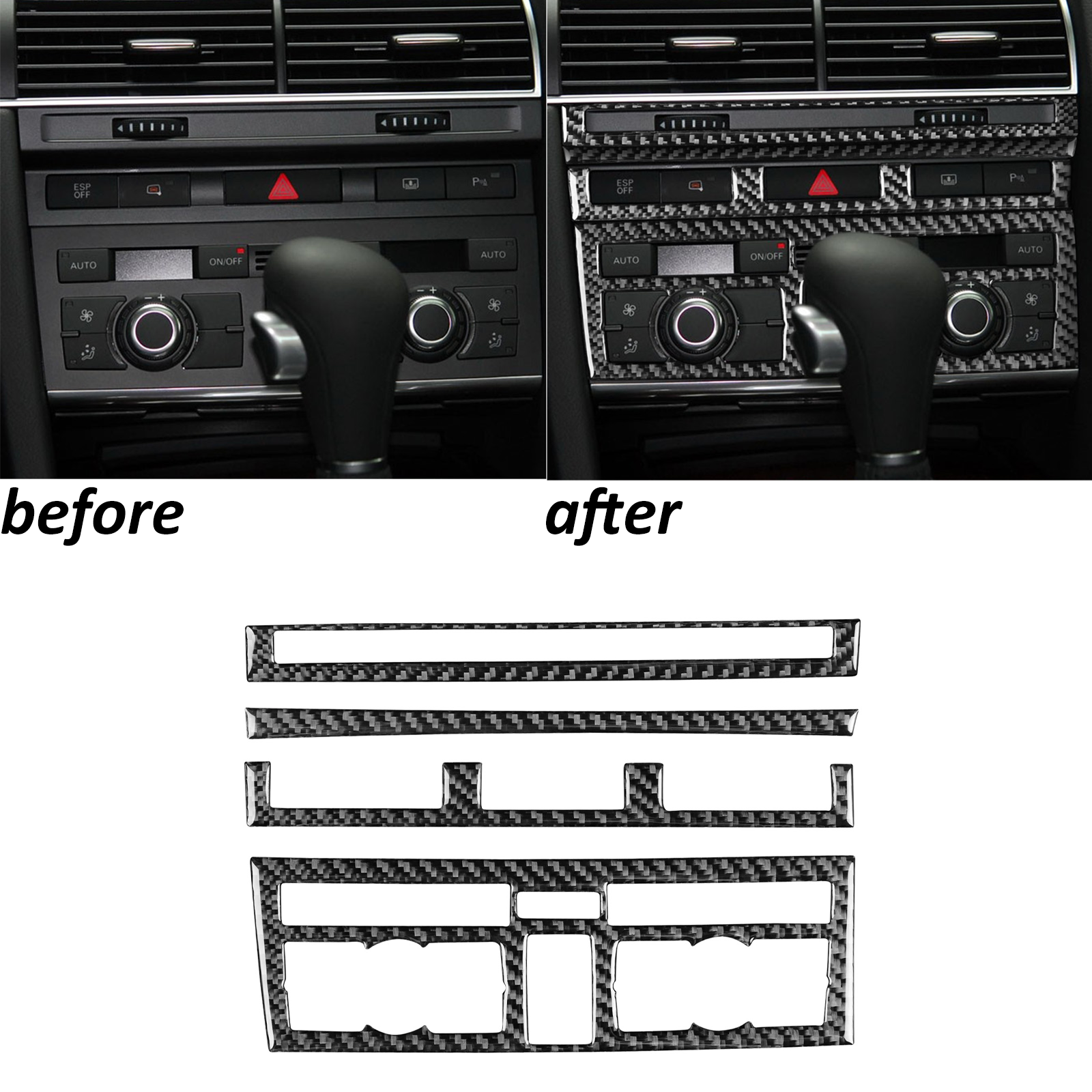 4Pcs Real Carbon Fiber Center Console A/C CD Panel Trim For Audi A6 S6 C6 05-11