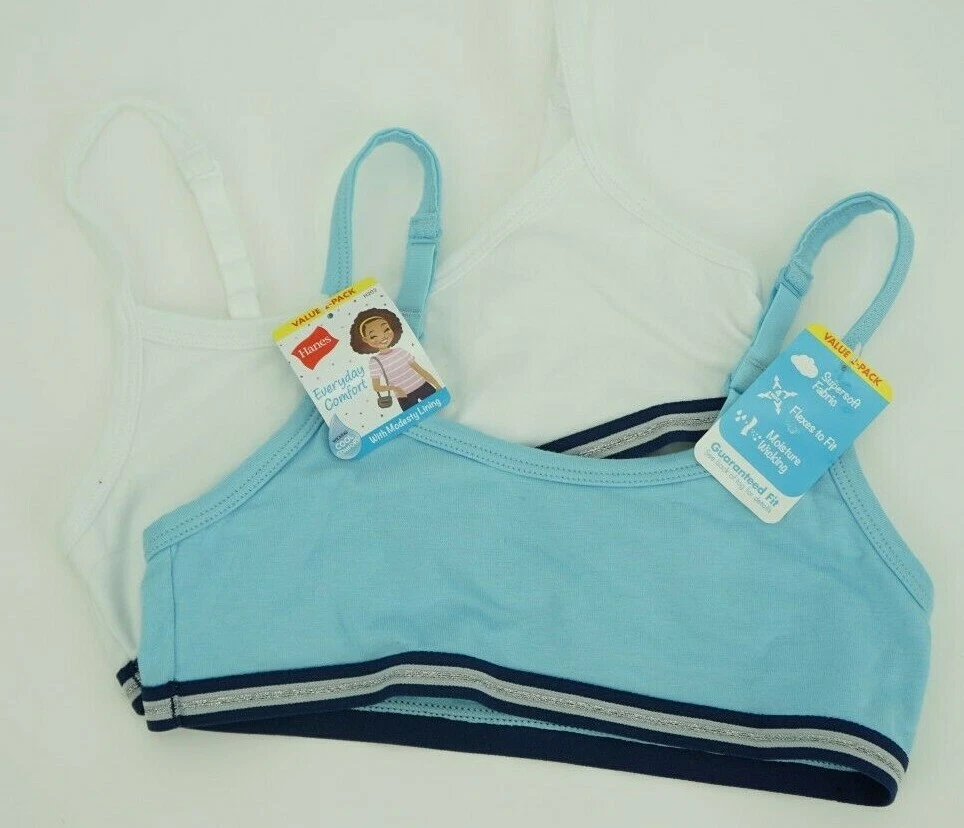 NEW Hanes Girls Sports Bras 2 Pack Size Small 1 White & 1 Blue