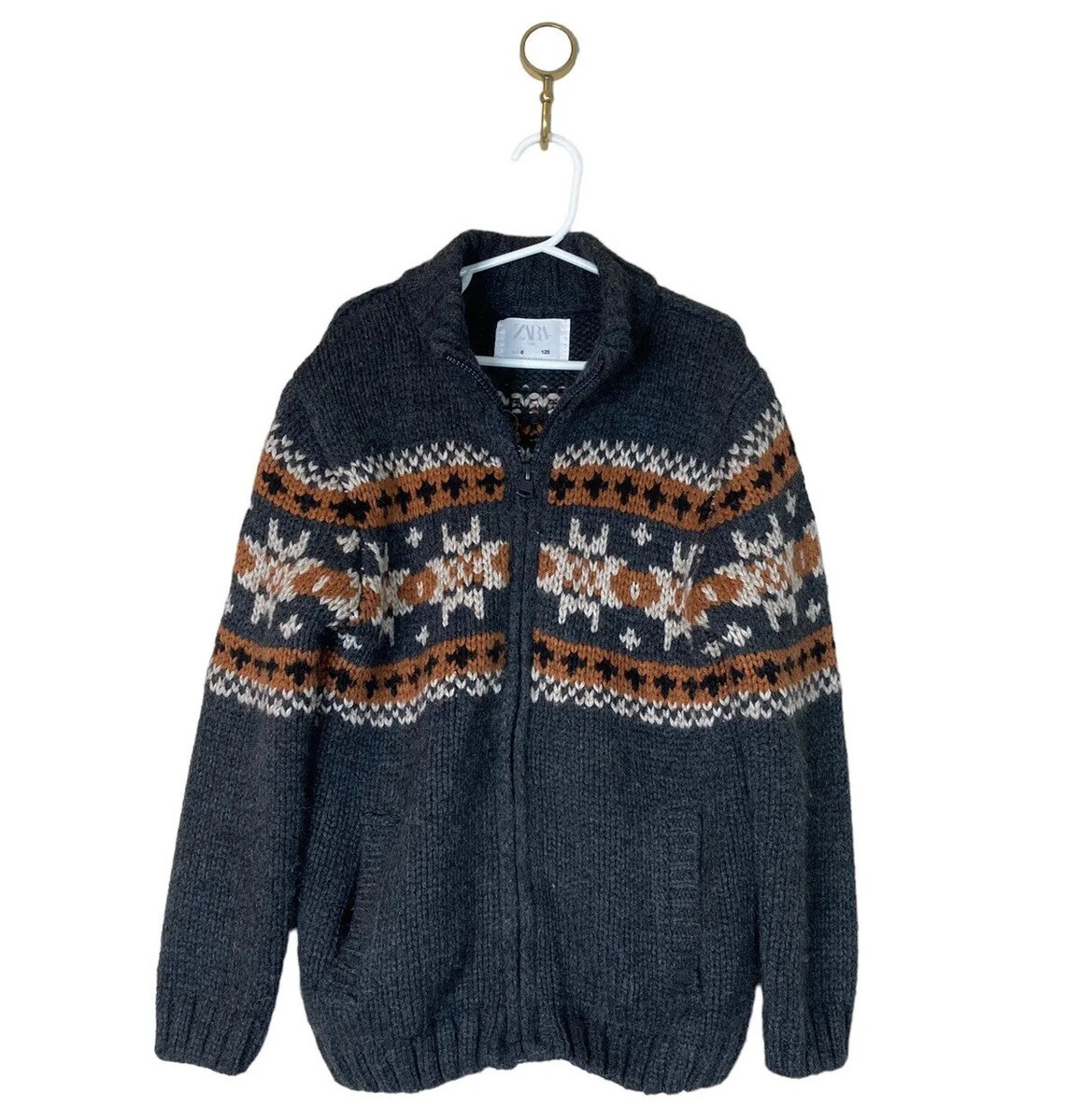 Zara Boy’s Fair Isle Sweater Size Gray Brown Full Zip Knit Cardigan