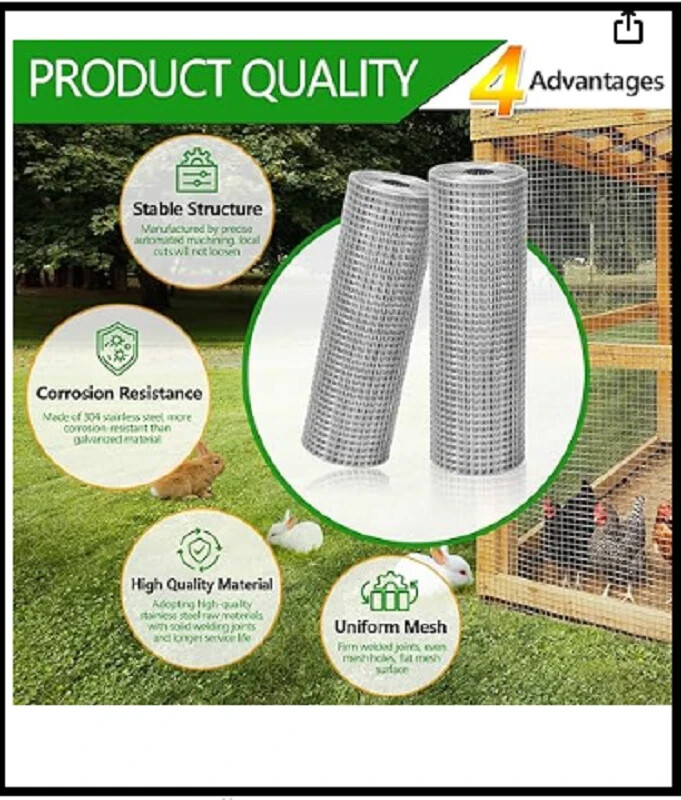 304 Stainless Steel Mesh Hardware Cloth 1/4 Inch Chicken Wire Fencing（12In×10Ft）