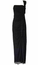 Womens Medium black chiffon long formal one shoulder dress lined ruffles ruching