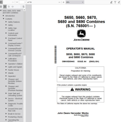 John Deere S650 S660 S670 S680 S690 Combines Operators Manual OMHXE69443 PDF USB