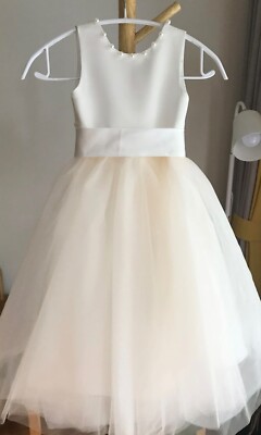 Flower girl dress, White and Champagne Tulle and Pearl V-Back, Toddler