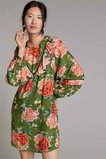 FARM Rio Anthropologie Elinor Tunic Dress Green & Pink Floral Ruffle Size XS