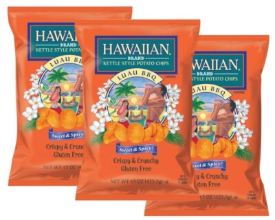 Hawaiian Brand Kettle Style Potato Chips LUAU BBQ Sweet & Spicy 7.5 oz (3 Bags)