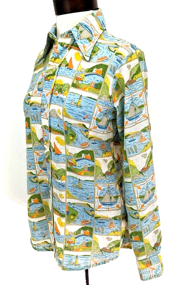 复古 70 年代 LEVI'S "L" 男女通用亚麻衬衫灯塔帆船航海 S 二手状况完好~罕见 * — 第 2/4 张图片