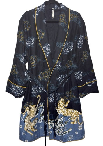 Anthropologie Kimono Jaguar Robe M/L Floral Belted Boho Asian Tiger Loungewear