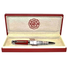 Fire Dept Firefighter Heavy Weight Metal Ball Point Pen Set Red Box Fireman Gift