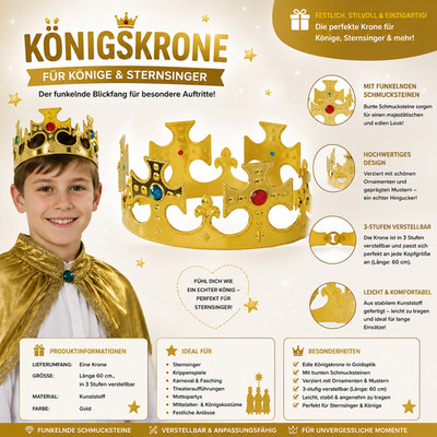 Königskrone Gold mit Schmucksteinen verstellbar Krone Sternsinger König Karneval