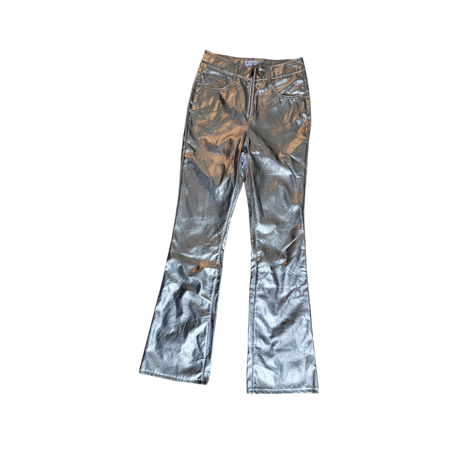 NWT Love Fire Faux Leather High-Rise Silver Metallic Zip Flare Pants Size 3