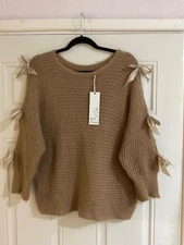 New Made in Italy Lagenlook Taupe Satin Bow Stretch Rib Jumper -  One Size BNWT 