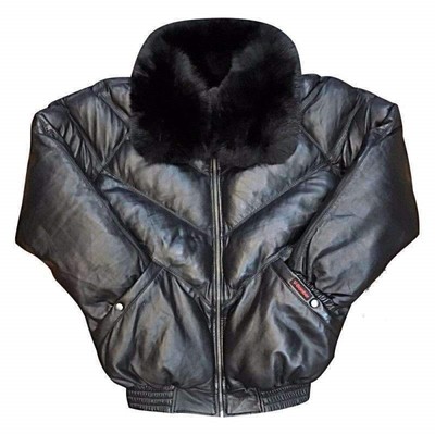 Herren V Bomber Stepp Puffer Schwarz Echt Leder Winterjacke Fellkragen