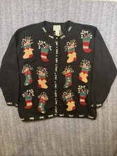 Vintage Stitches In Time Christmas Embroidered Cardigan Sweater Size 2X Women