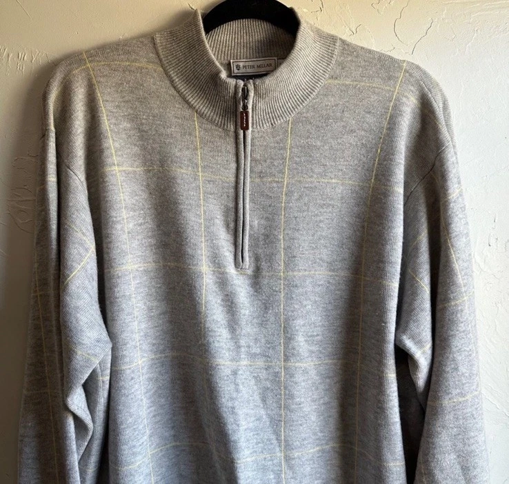 Мужской свитер Peter Millar на молнии из 100% кашемира на четверть квадратного ярда серый и желтый клетчатый размер L - Изображение 2 из 4