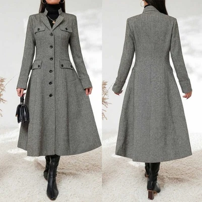 Damen Grauer Mantel Fischgräte Jacke Saum Rock Tweed Winter Lang Business - Bild 1 von 4