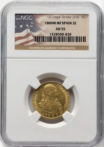 Spain - 1800 M-MF Carlos IV 2 Escudos - NGC AU55 - SUPER CLEAN SURFACES - RARE