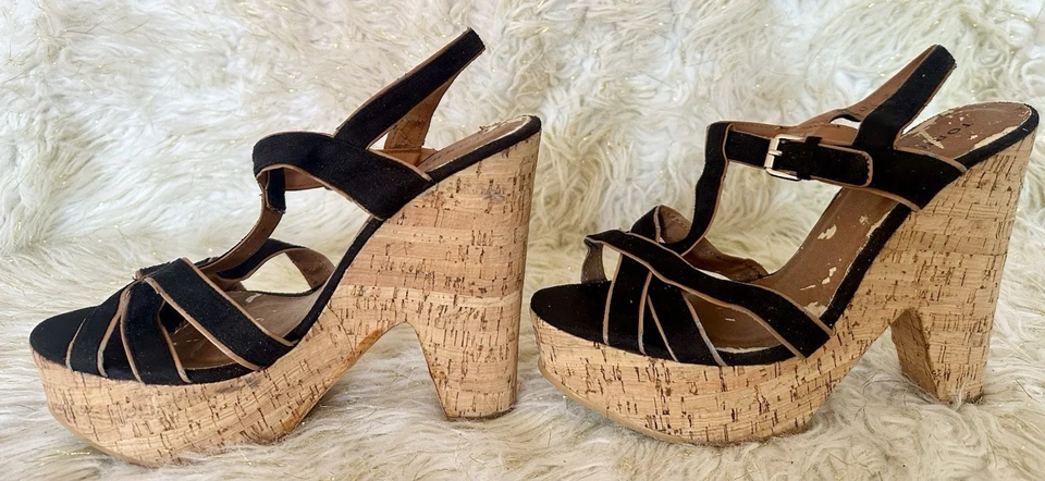 Vintage Torrid Black Strappy Cork Platform Heels Size 10 – Wooden Wedge Sandals - Image 2 of 4
