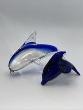 Handblown Glass Pair Of Dolphin 3.5 And 6" Clear/Blue *Set of 2* Figurines