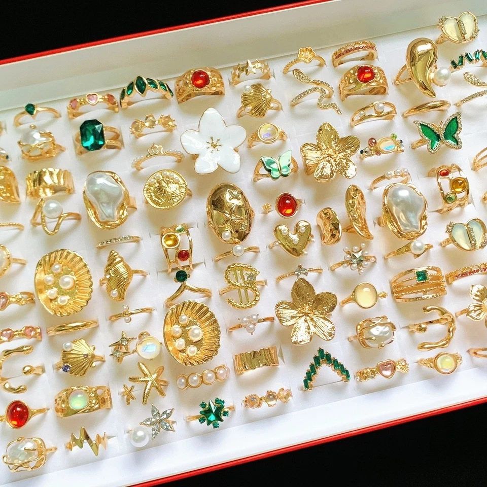 Atacado 30 NOVOS Anéis Femininos de Ouro Mistura Pedra Flor Presente Joias de Viagem - Imagem 2 de 4