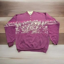 VTG 90s Art Unlimited Cabin Snow Scene Henley Sweatshirt Purple L Made USA